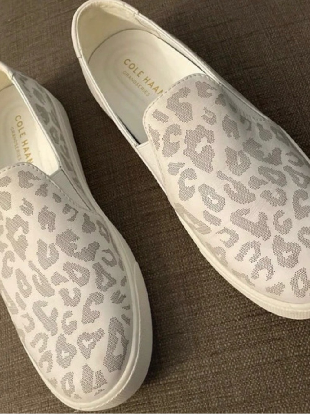 Cole Haan White and Light Gray Leopard Slip-On Sneakers